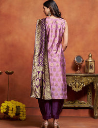 KALINI Dharti Floral Woven Design V-Neck Banarasi Straight Kurta With Salwar & Dupatta