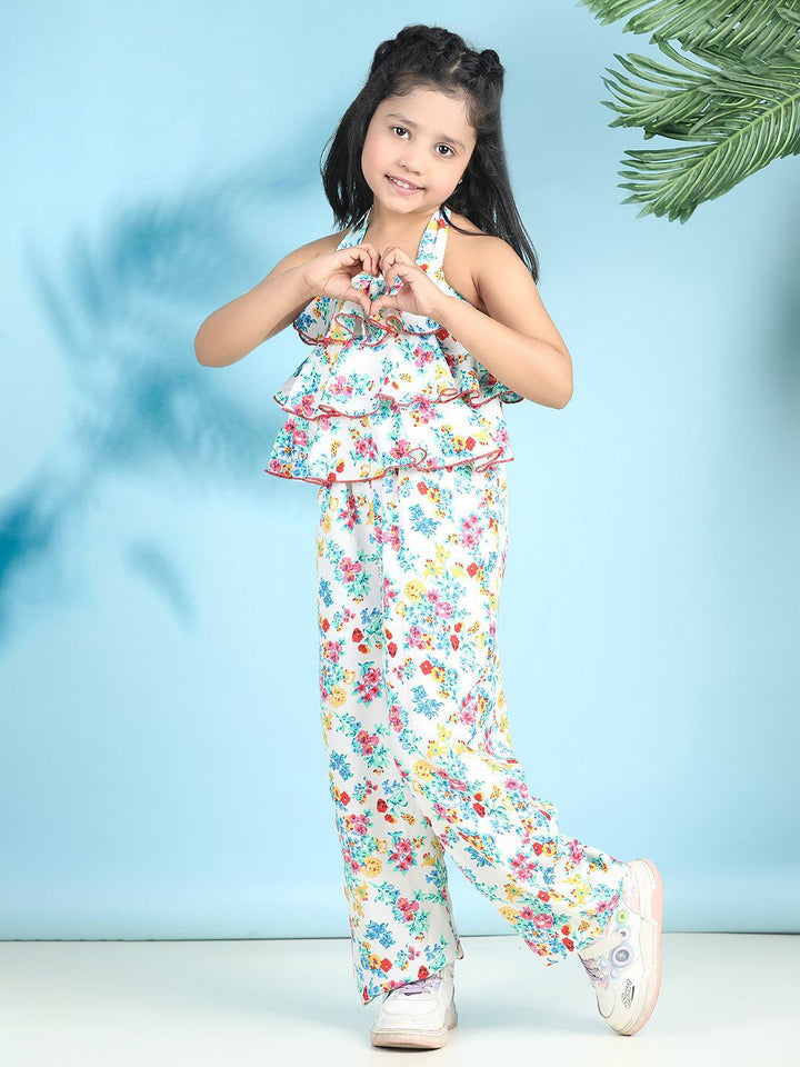 Cutiekins Girls Halter Neck Printed Basic Jumpsuit with Ruffles