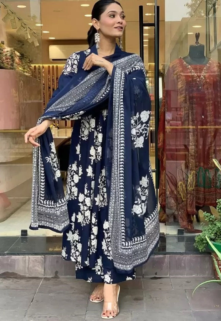 KALINI Floral Printed V-Neck Pleated A-Line Kurta With Trouser And Dupatta
