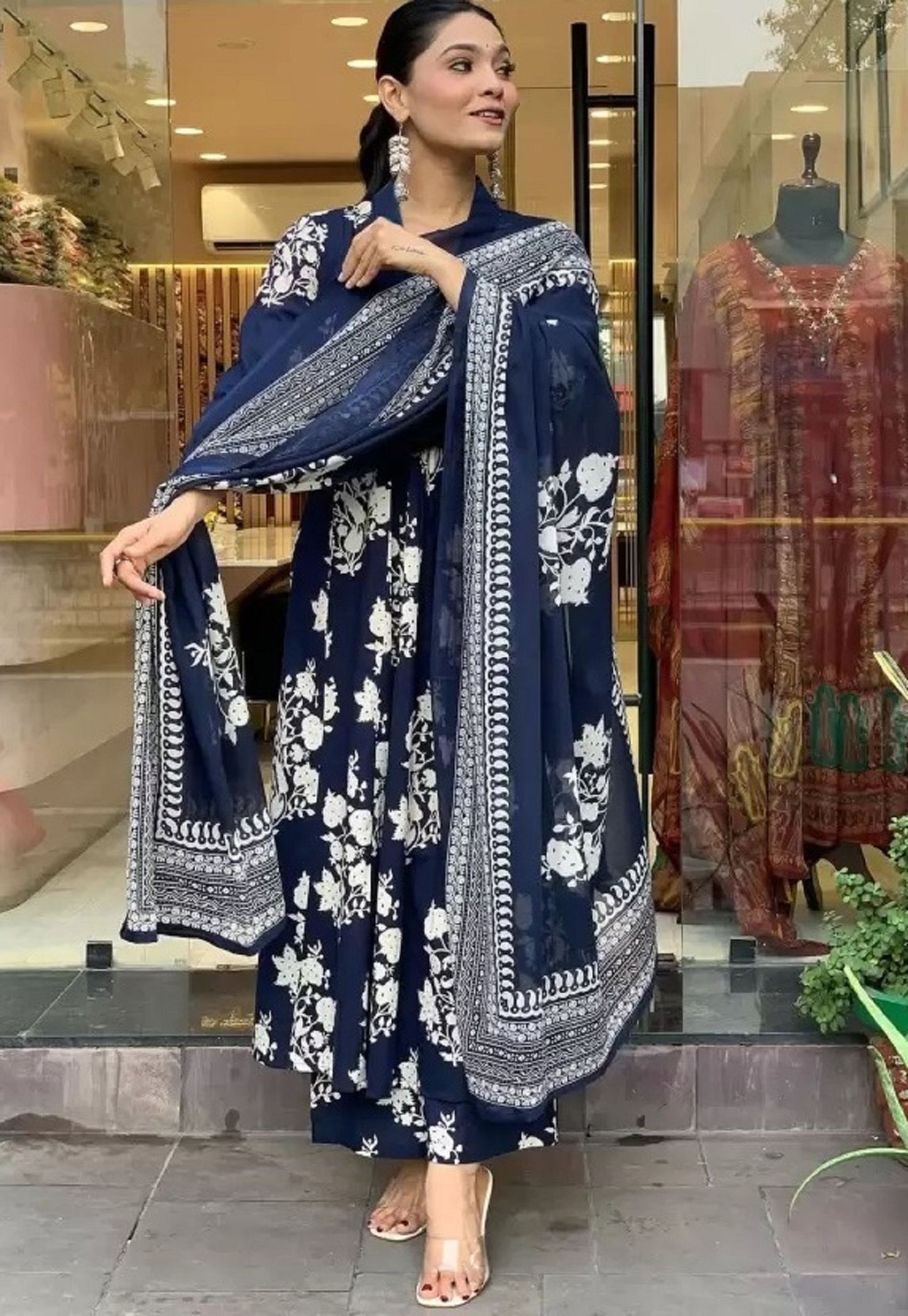 KALINI Floral Printed V-Neck Pleated A-Line Kurta With Trouser And Dupatta