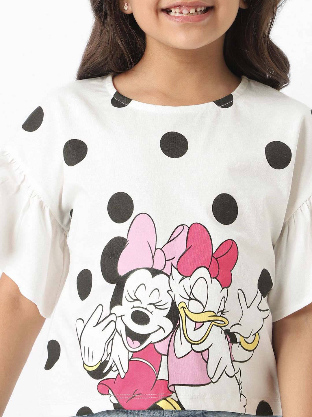 Nauti Nati Disney Girls Cotton Minnie Mouse & Daisy Polka Printed Flare Sleeves Top