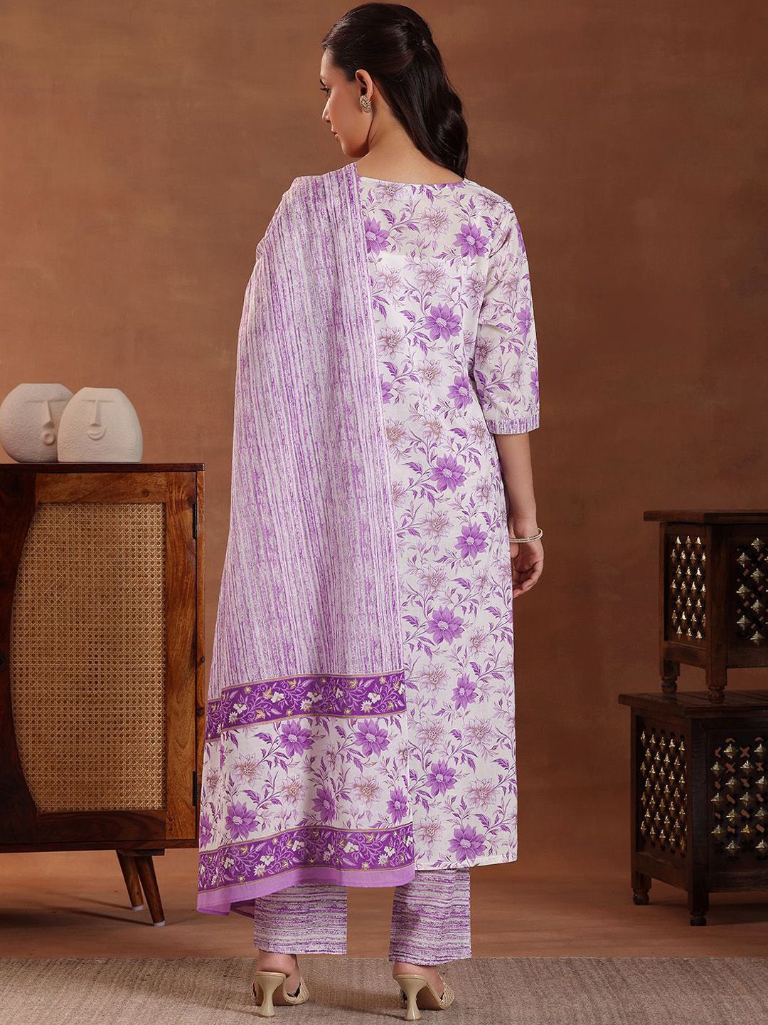 Libas Floral Printed Pure Cotton Straight Kurta with Trousers & With Dupatta