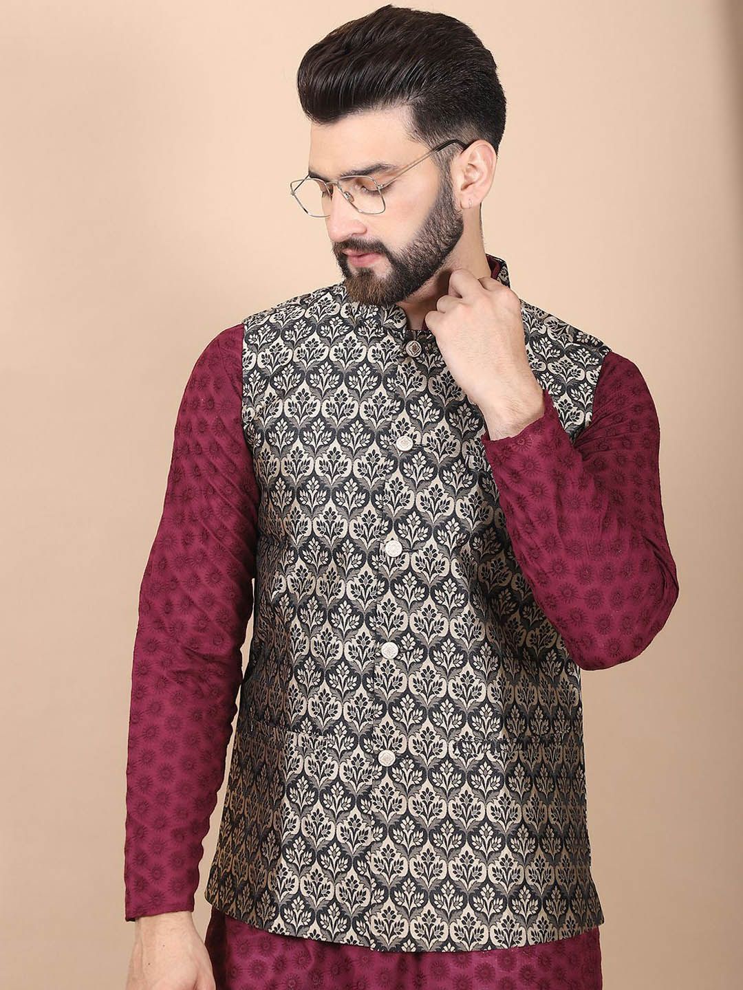 Anouk Purple Floral Embroidered Thread Work Pure Cotton Kurta with Churidar & Nehru Jacket