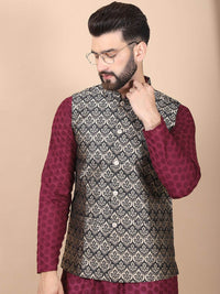 Anouk Purple Floral Embroidered Thread Work Pure Cotton Kurta with Churidar & Nehru Jacket