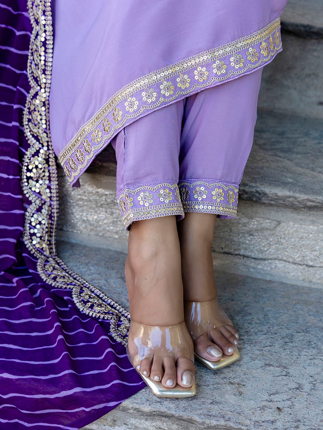KALINI V-Neck Zari Mirror Work Kurta with Trousers & Dupatta
