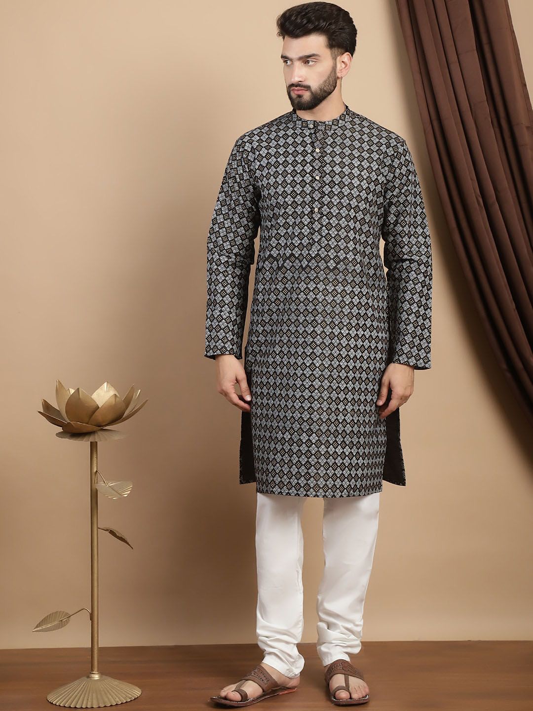 Motif Etnik Anouk Bercetak Kolar Mandarin Kurta Lurus Biasa Dengan Churidar