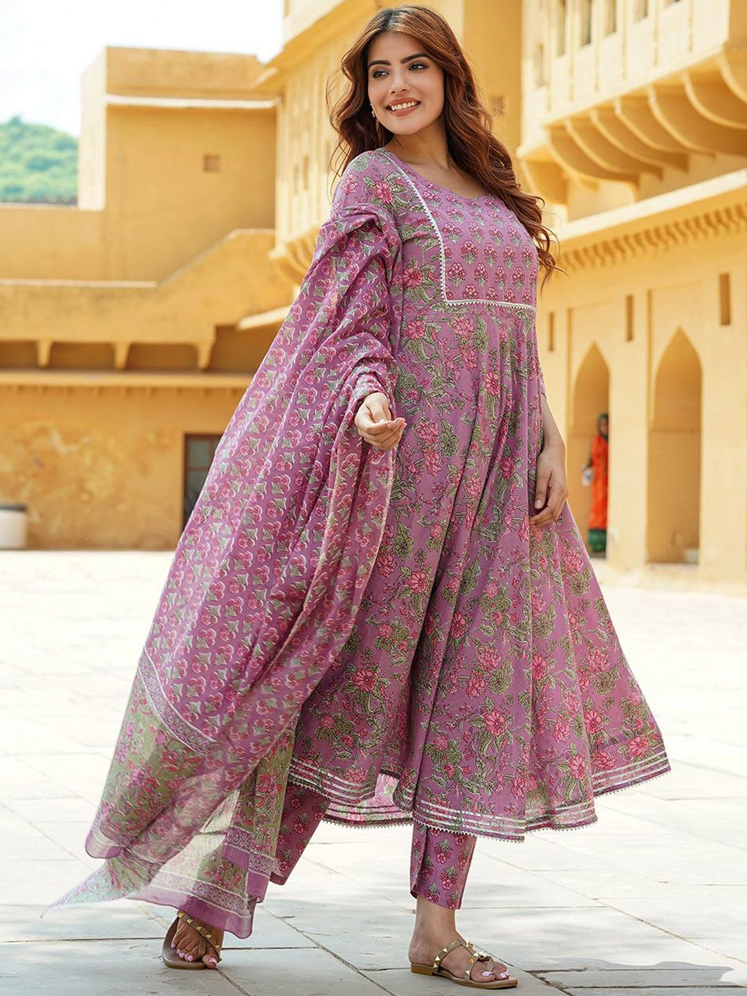 KALINI Floral Printed Gotta Patti Pure Cotton Anarkali Kurta With Trousers & Dupatta