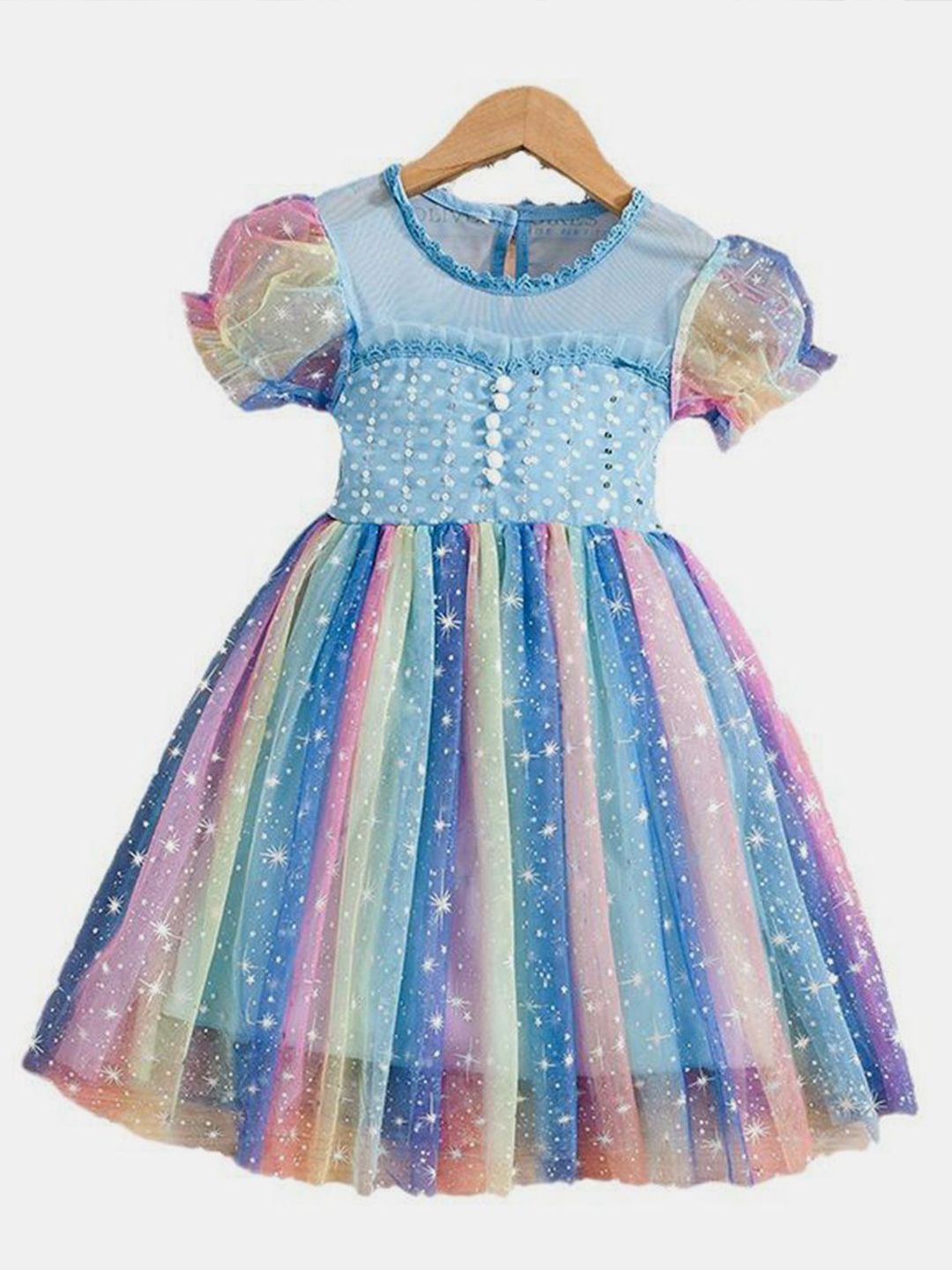 YK Girls Embellished Puff Sleeve Fit & Flare Dress