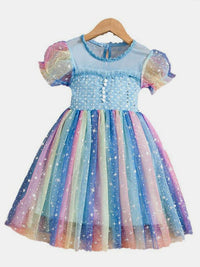 YK Girls Embellished Puff Sleeve Fit & Flare Dress
