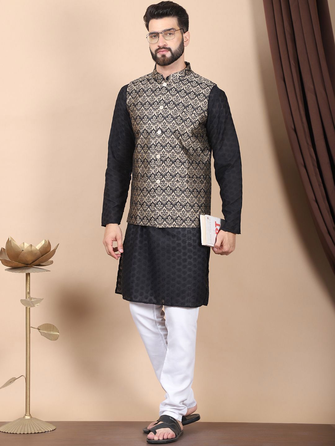 Anouk Black Floral Embroidered Thread Work Pure Cotton Kurta with Churidar & Nehru Jacket
