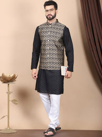 Anouk Black Floral Embroidered Thread Work Pure Cotton Kurta with Churidar & Nehru Jacket