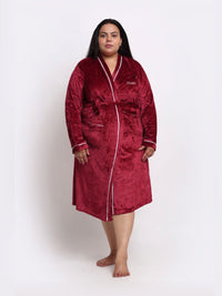KLOTTHE Plus Size Red Woollen Long Sleeves Bath Robe With Belt