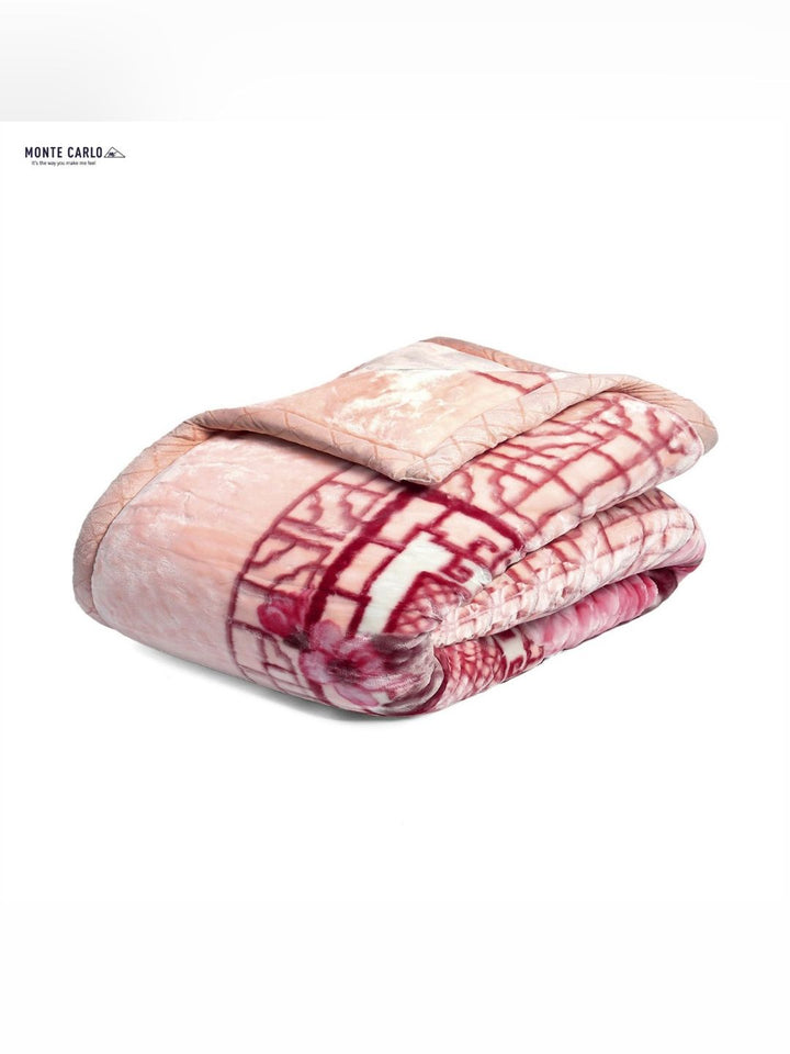 Monte Carlo Peach & White Floral Printed Heavy Winter 1000 GSM Double Bed Blankets