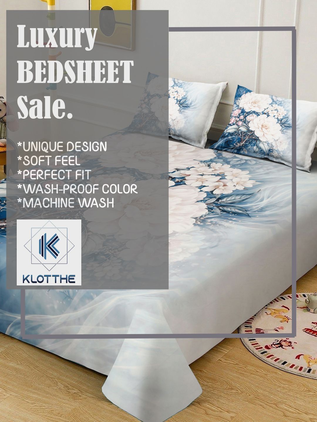 KLOTTHE White & Blue Floral Printed Flat 300 TC King Fine Bedsheet With 2 Pillow Cover