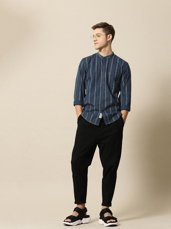 Mr Bowerbird Men Navy Blue & Black Tailored Fit Striped Casual Shirt