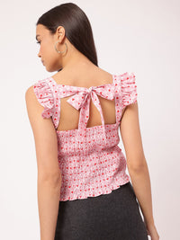 DressBerry Cutesy Print Smocked Tie-Up Back Top
