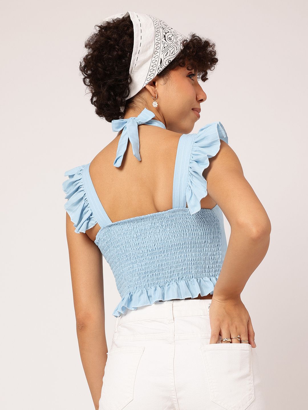 DressBerry Ocean Oasis Flirty Tie-up Smocked Padded Crop Top