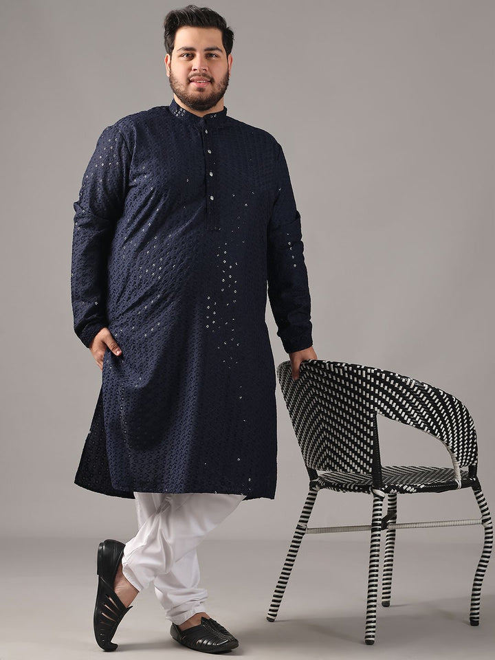 SOJANYA PLUS Plus Size Lelaki Motif Etnik Sulam Kapas Tulen Kurta Lurus & Piyama