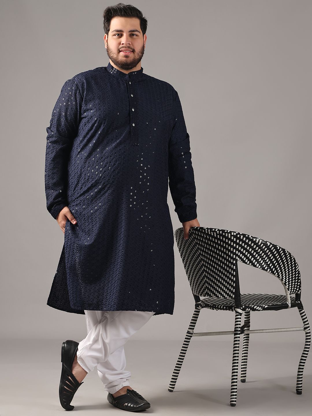 SOJANYA PLUS Plus Size Lelaki Motif Etnik Sulam Kapas Tulen Kurta Lurus & Piyama