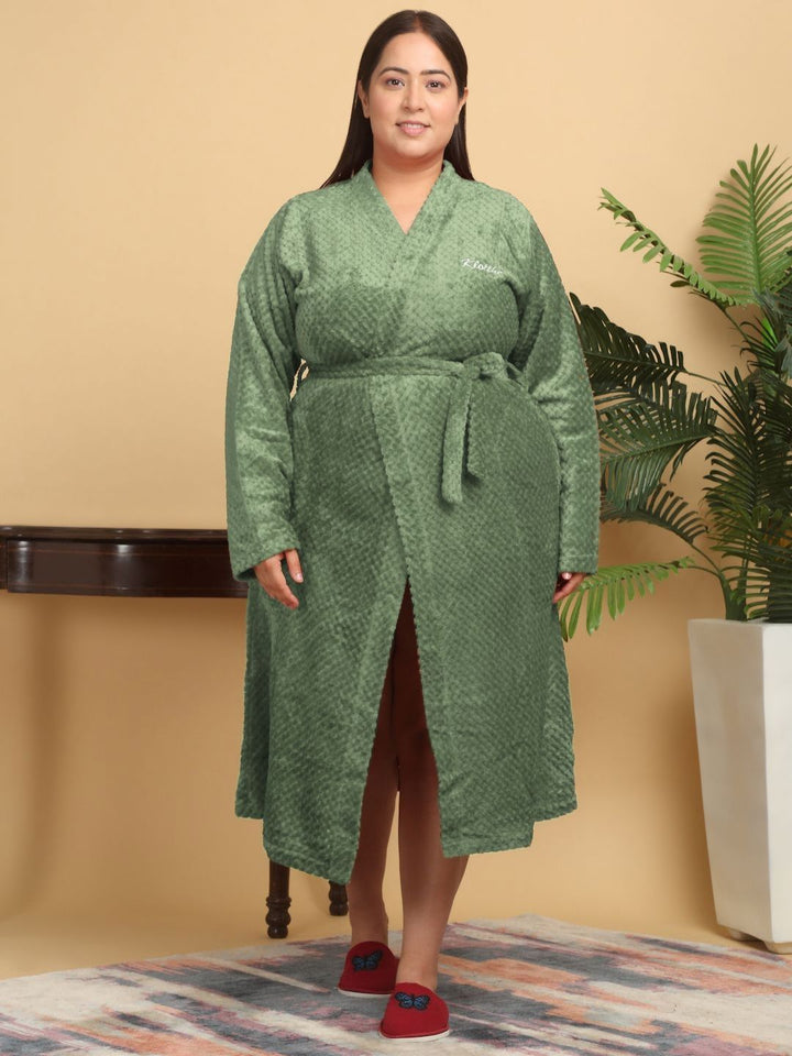 KLOTTHE Women Plus Size Self Design Woollen Bath Robe With Belt