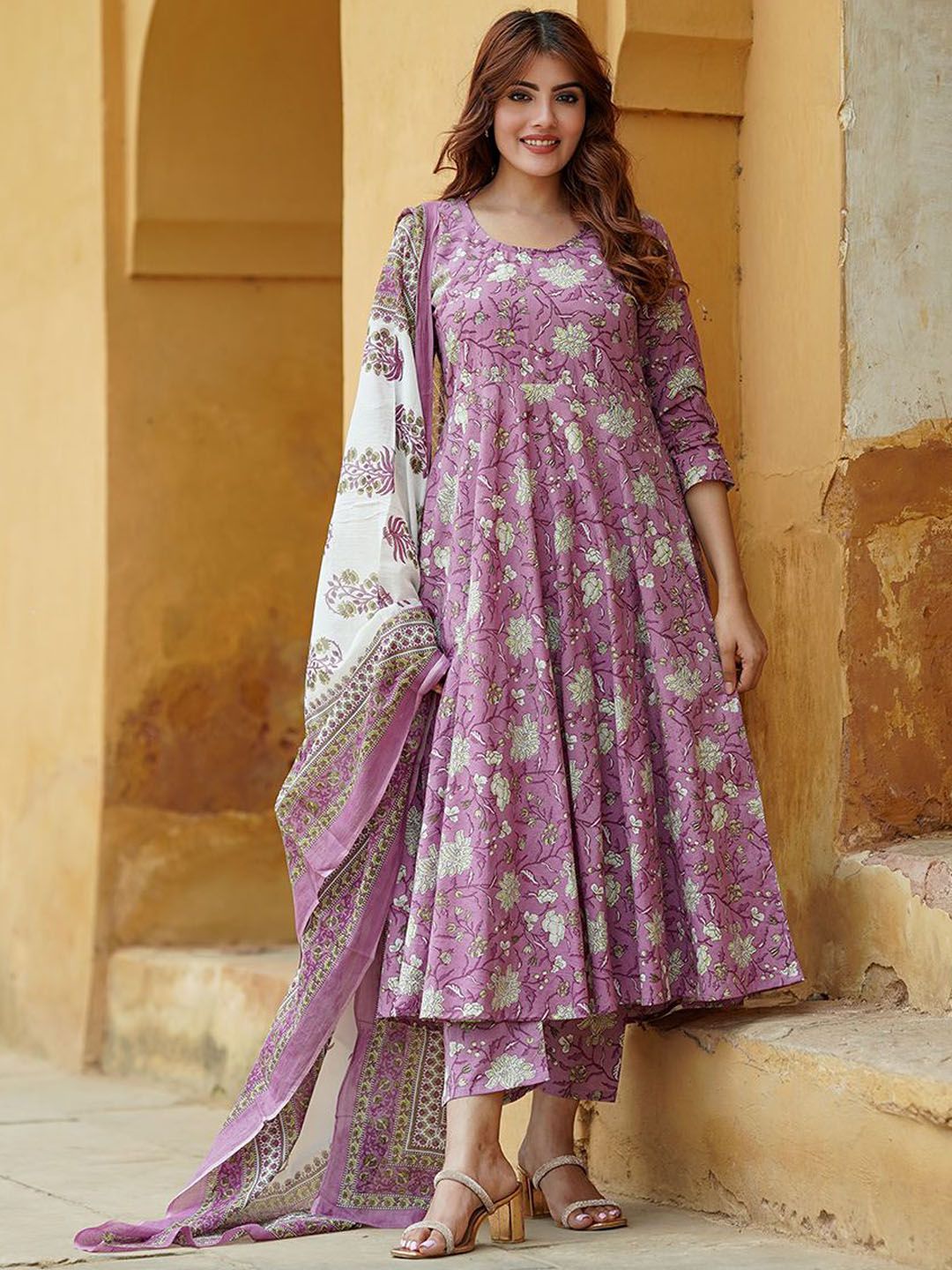 KALINI Floral Printed Regular Pure Cotton Anarkali Kurta with Trousers & Dupatta