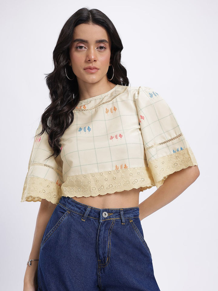 DressBerry Checked Lace Inserts Flared Sleeves Crop Top with Floral Prints