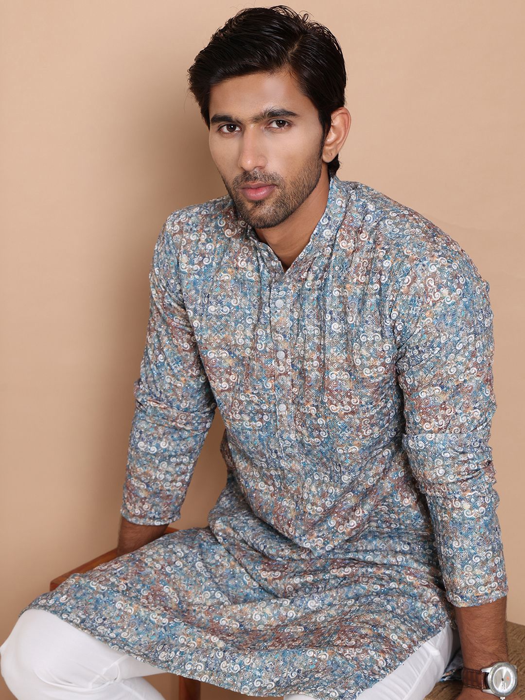 Jompers Men Floral Printed Regular Thread Work Pure Cotton Kurta with Pyjamas