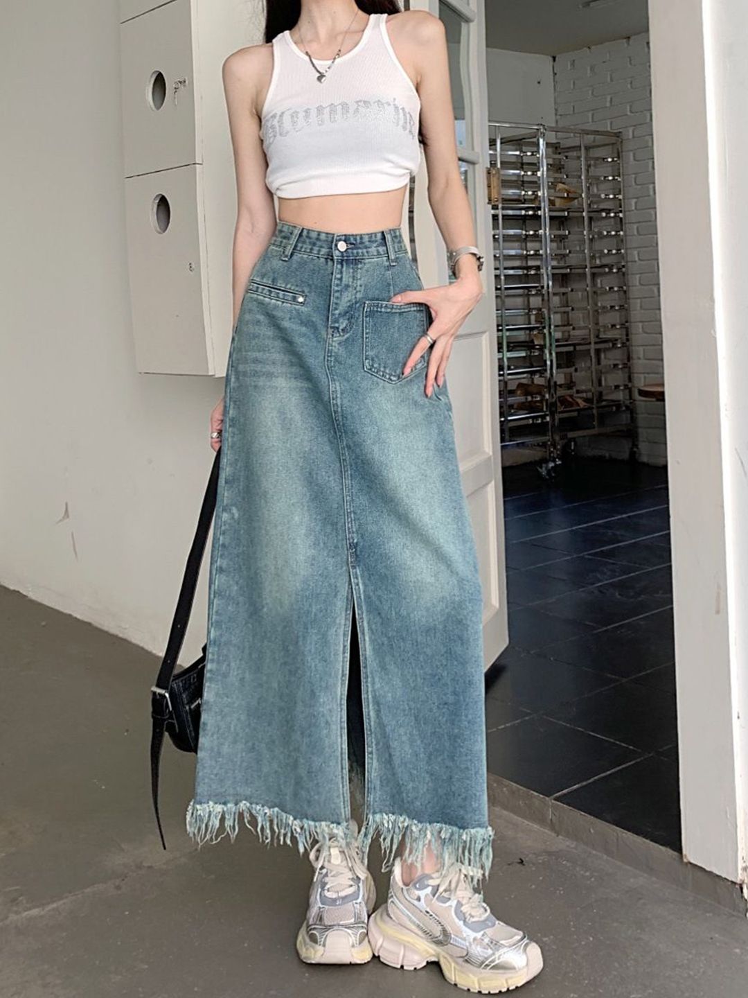 DressBerry Women Denim A-Line Maxi Skirt