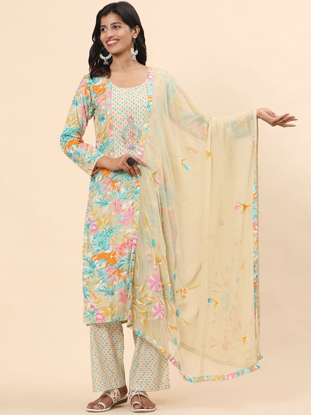 Mamicha Women Floral Printed Regular Pure Cotton Kurta with Trousers & With Dupatta