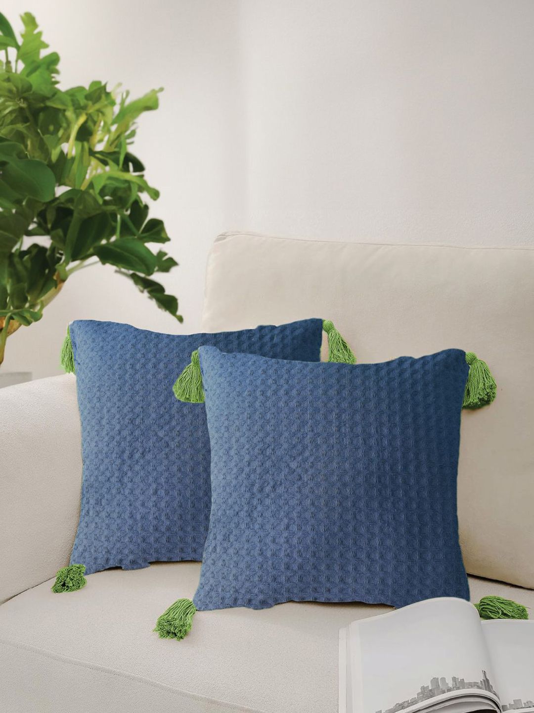 URBAN SPACE Navy Blue & Green 2 Pieces Checked Pure Cotton Square Cushion Covers