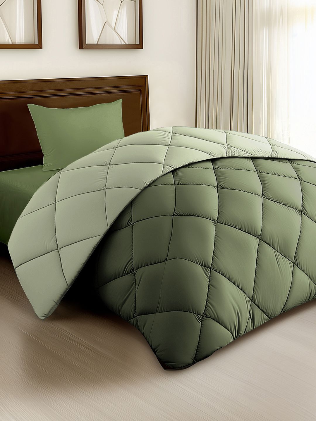 Story@home Olive Green Solid Reversible 240 GSM Heavy Winter Single Bed Comforter