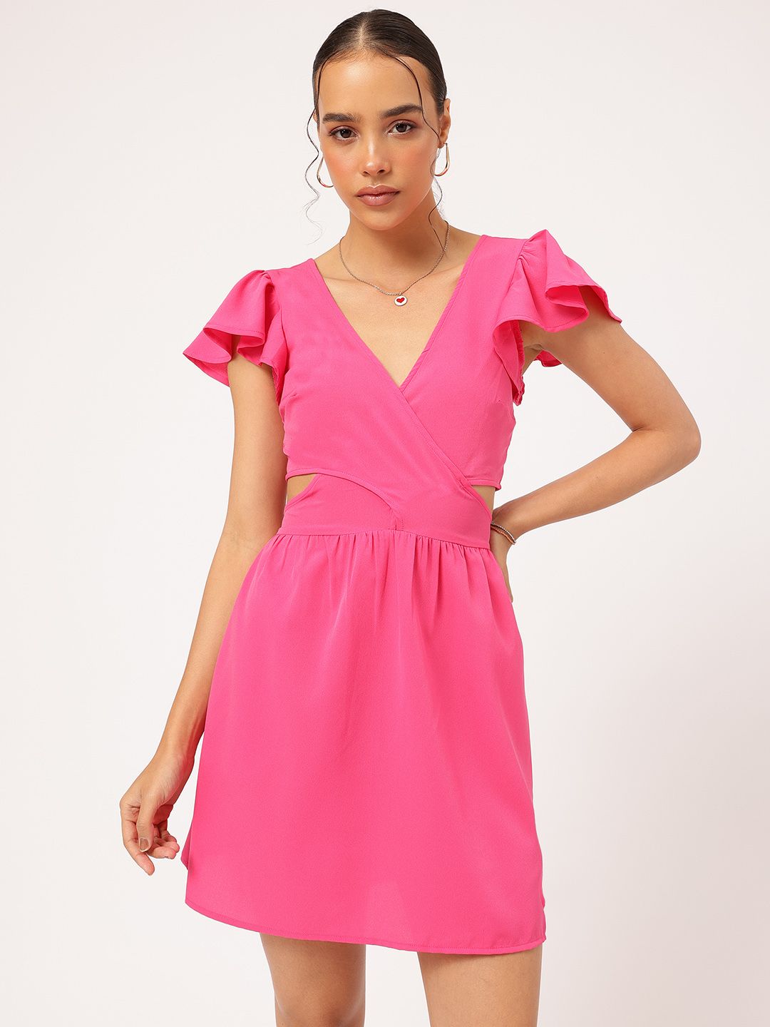 DressBerry Barbiecore Ruffled & Smocked Cut-out A-line Mini Dress