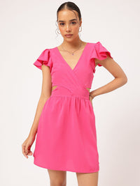 DressBerry Barbiecore Ruffled & Smocked Cut-out A-line Mini Dress
