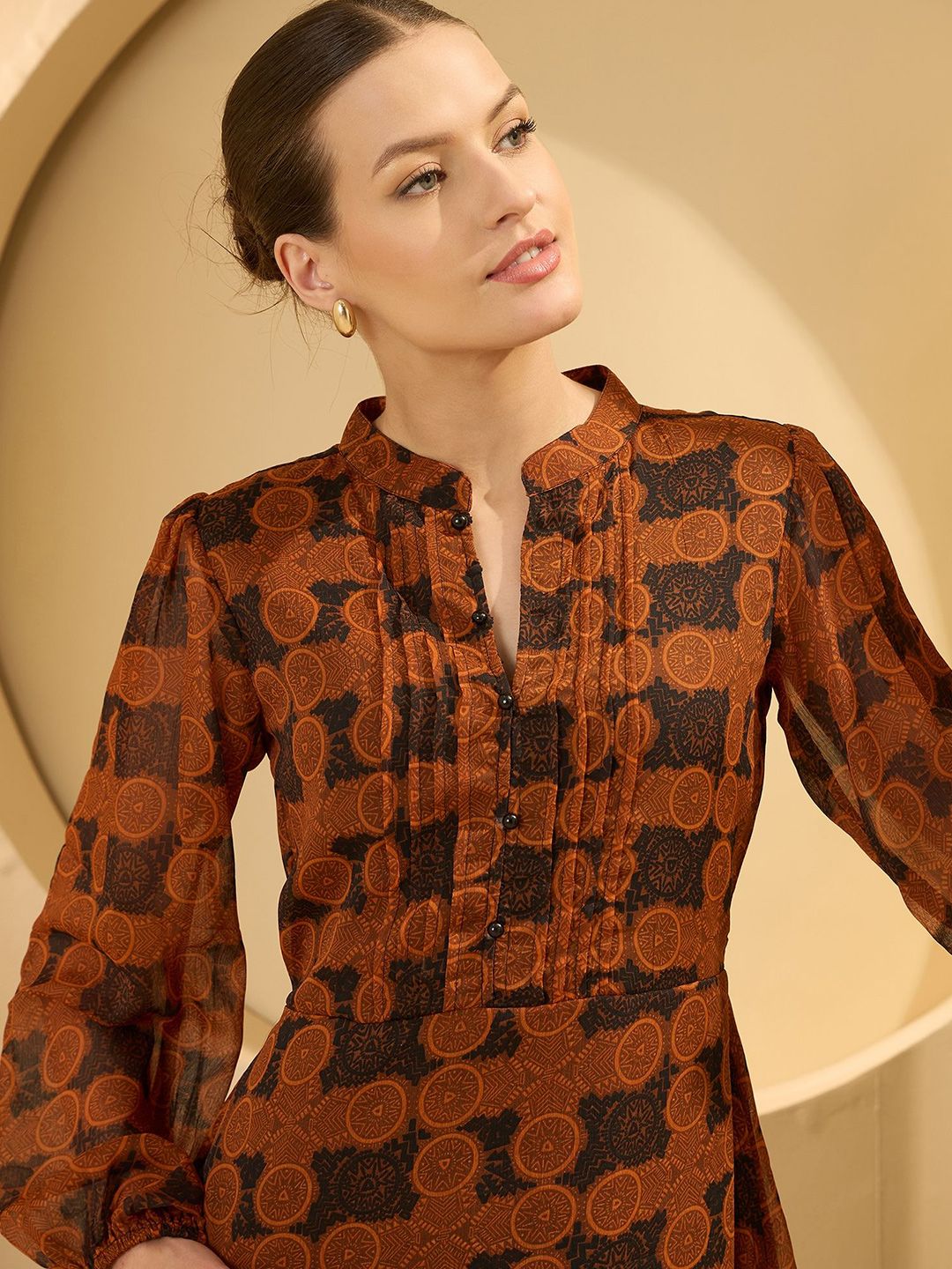 Antheaa Women Floral Print Bell Sleeve Chiffon A-Line Dress