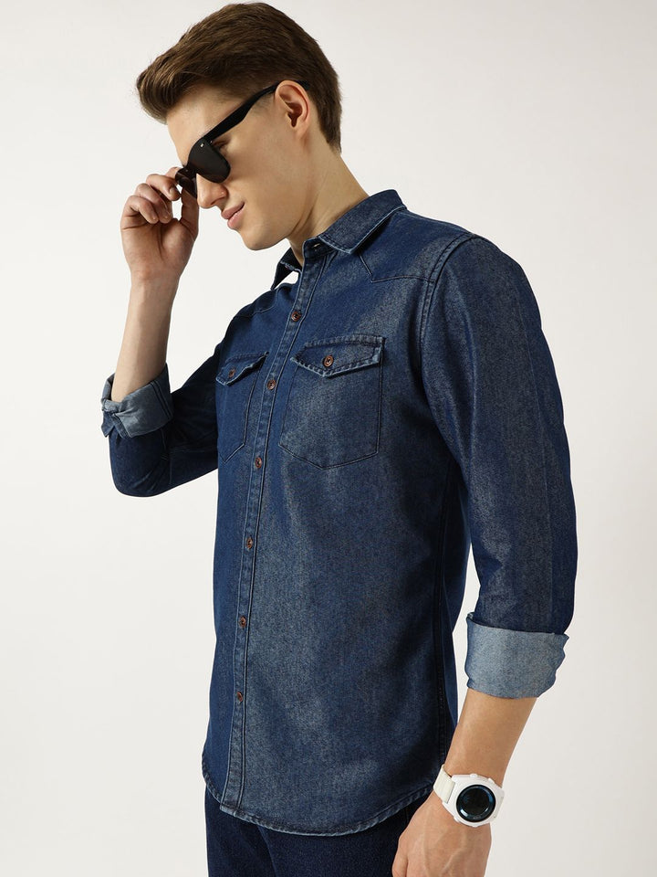 Thomas Scott Men Classic Spread Collar Faded Cotton Slim Fit Casual Shirt