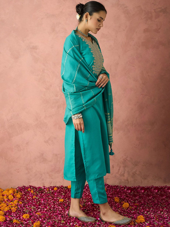 KALINI Ethnic Motifs Embroidered Straight Kurta With Trousers & Dupatta
