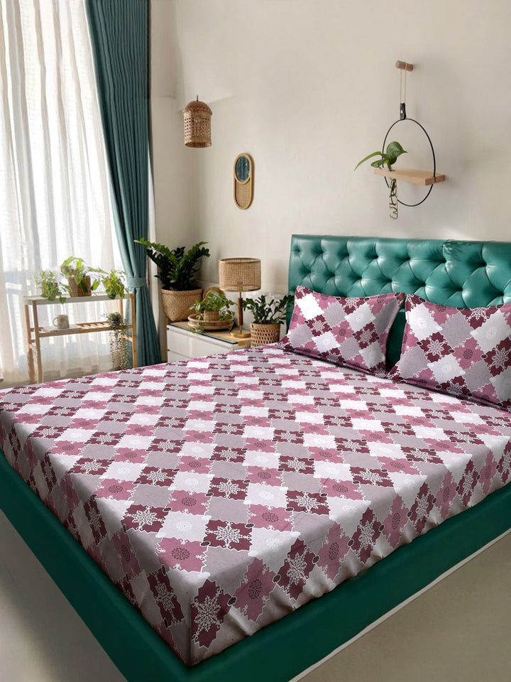 Myntra Elegant Homes Pink Geometric Fitted 400 TC Cotton Set Cadar King 2.50 m x 2.25 m