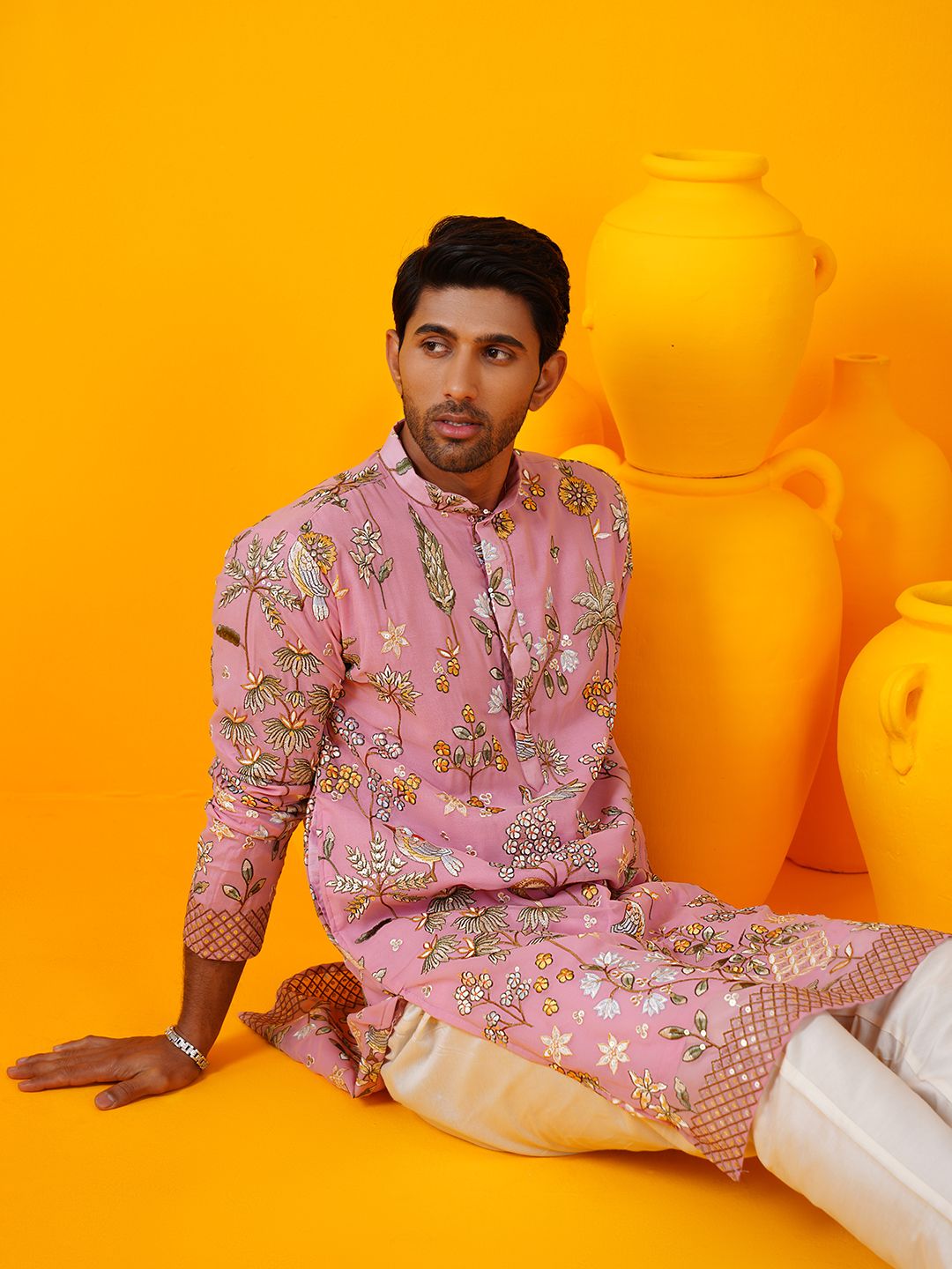 SOJANYA LUXE Floral Embroidered Mandarin Collar Georgette Straight Kurta With Trouser