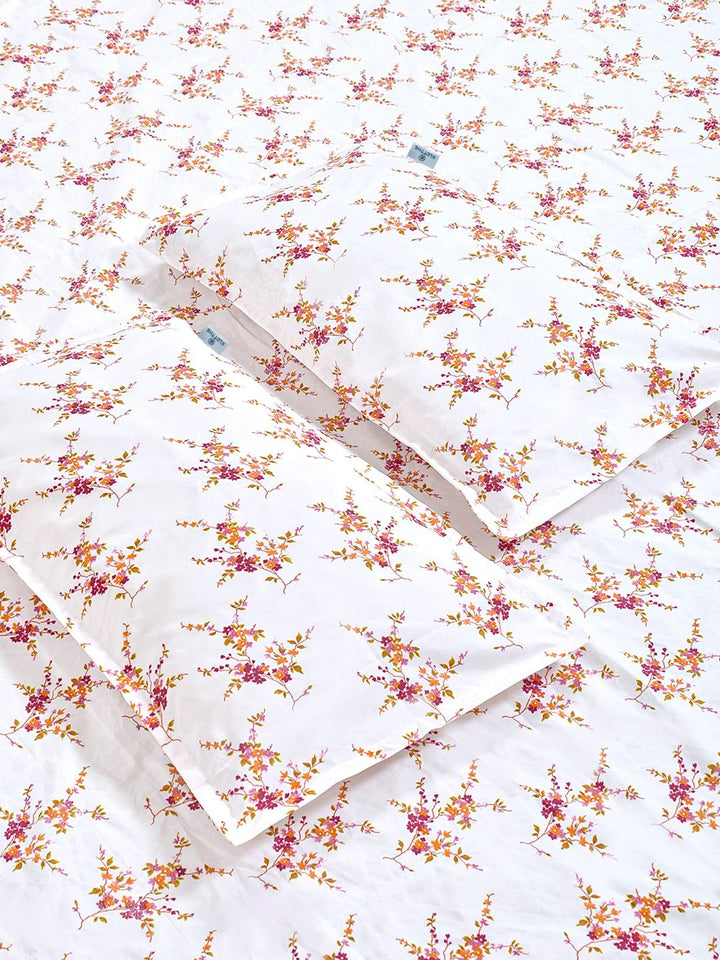 KLOTTHE White Floral Cotton 300 TC Fitted King Fine Bedsheet dengan 2 Sarung Bantal-98 x 89 inci
