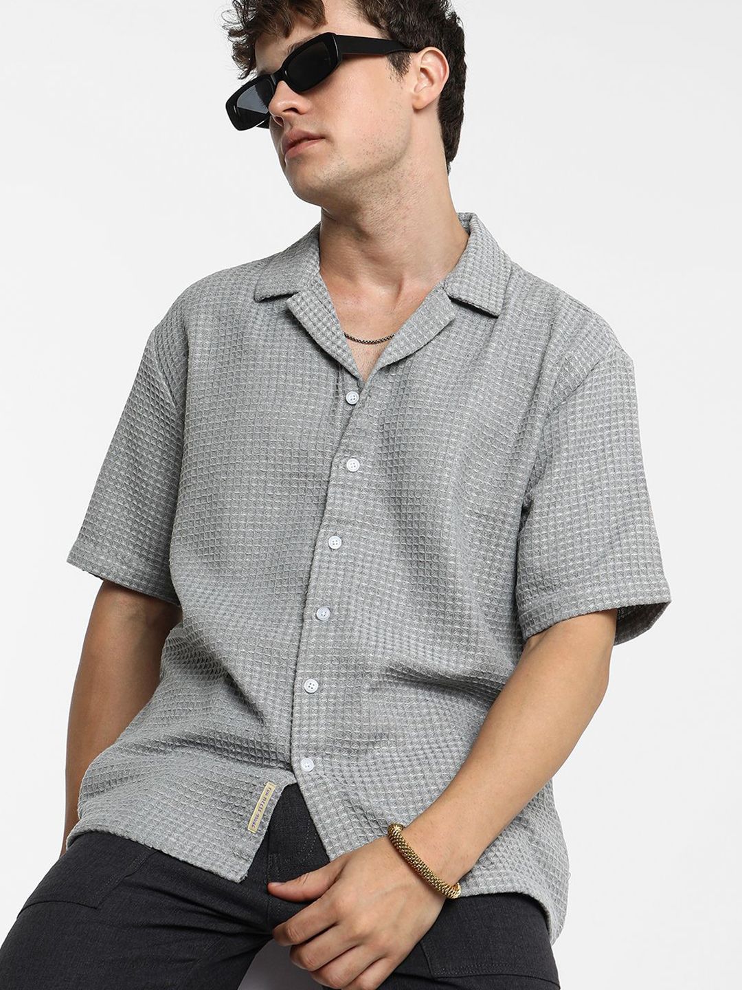 Campus Sutra Men Comfort Cuban Collar Popcorn Texture  Oversized Casual Shirt