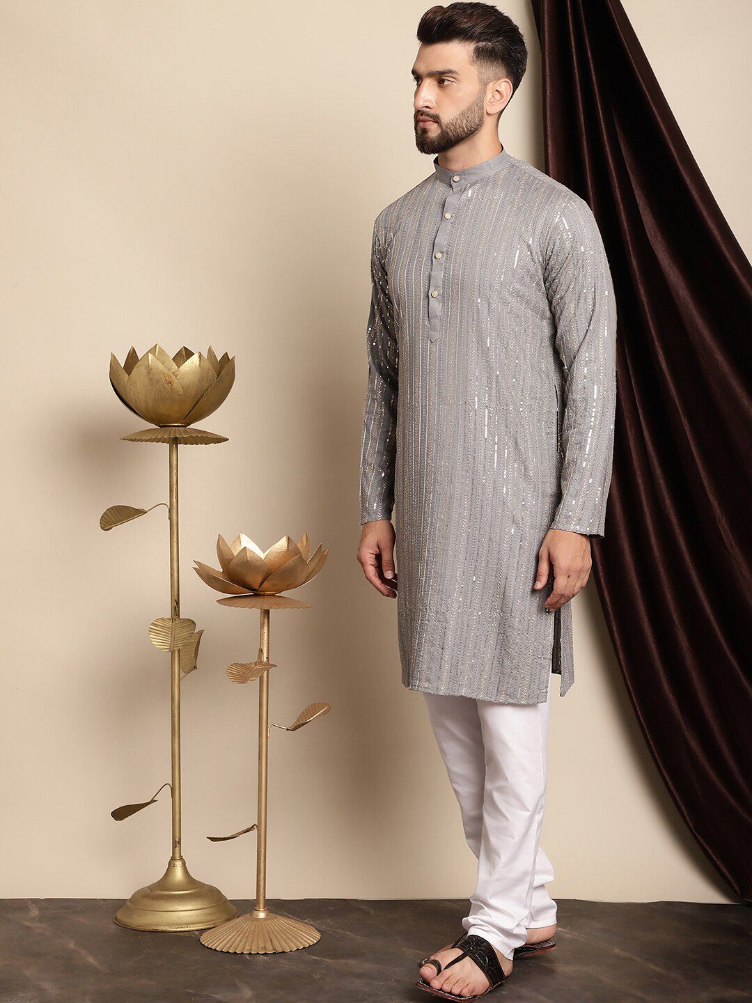 Anouk Ethnic Motifs Embroidered Sequinned Pure Cotton Kurta with Churidar