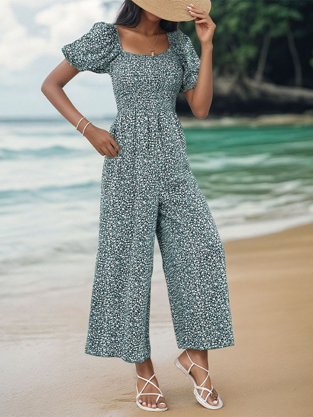 DressBerry Floral Printed Smocked Basic Jumpsuit