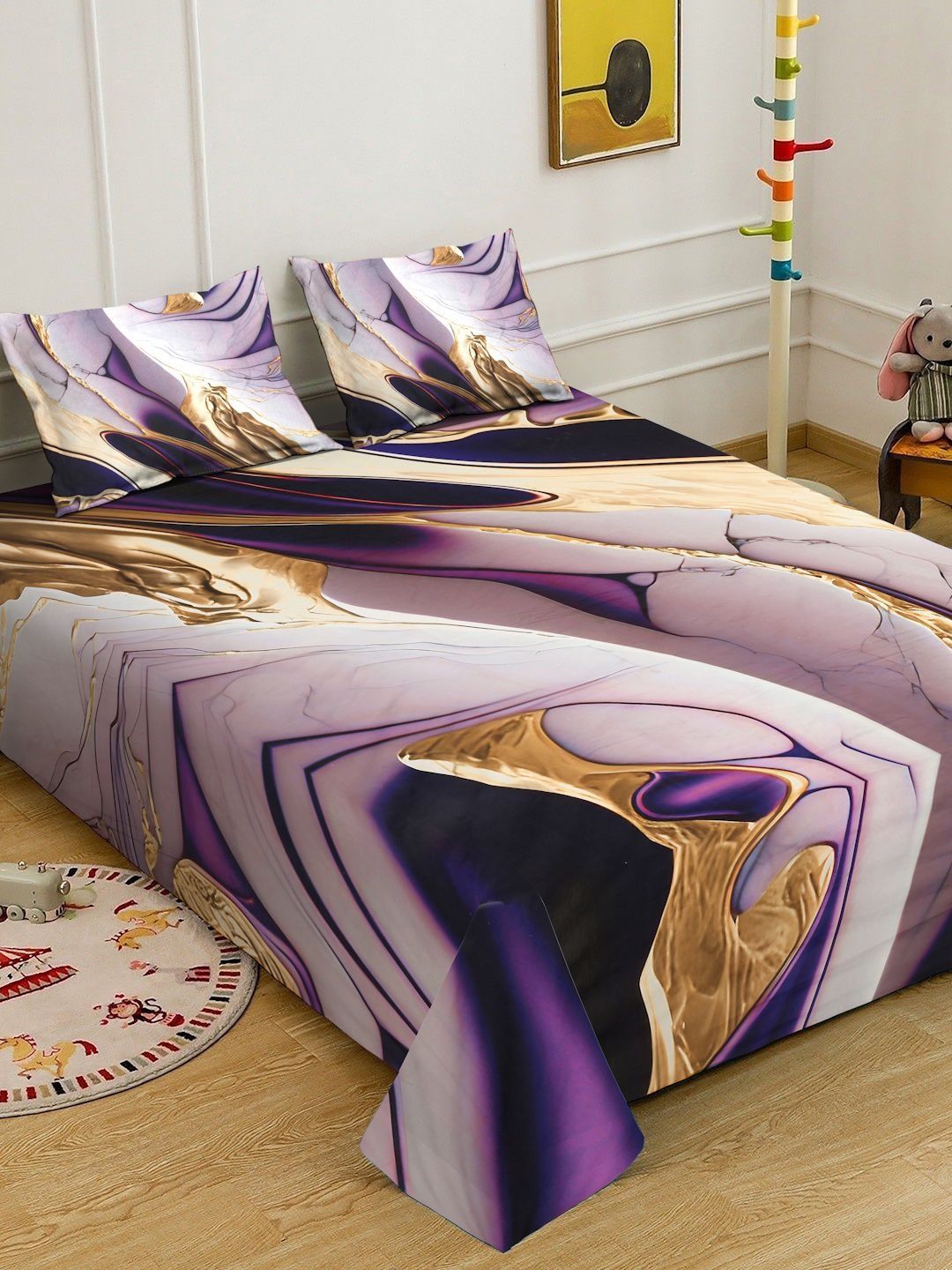 KLOTTHE Purple & Yellow Abstract Flat Printed 300 TC King Cadar Halus & 2 Sarung Bantal