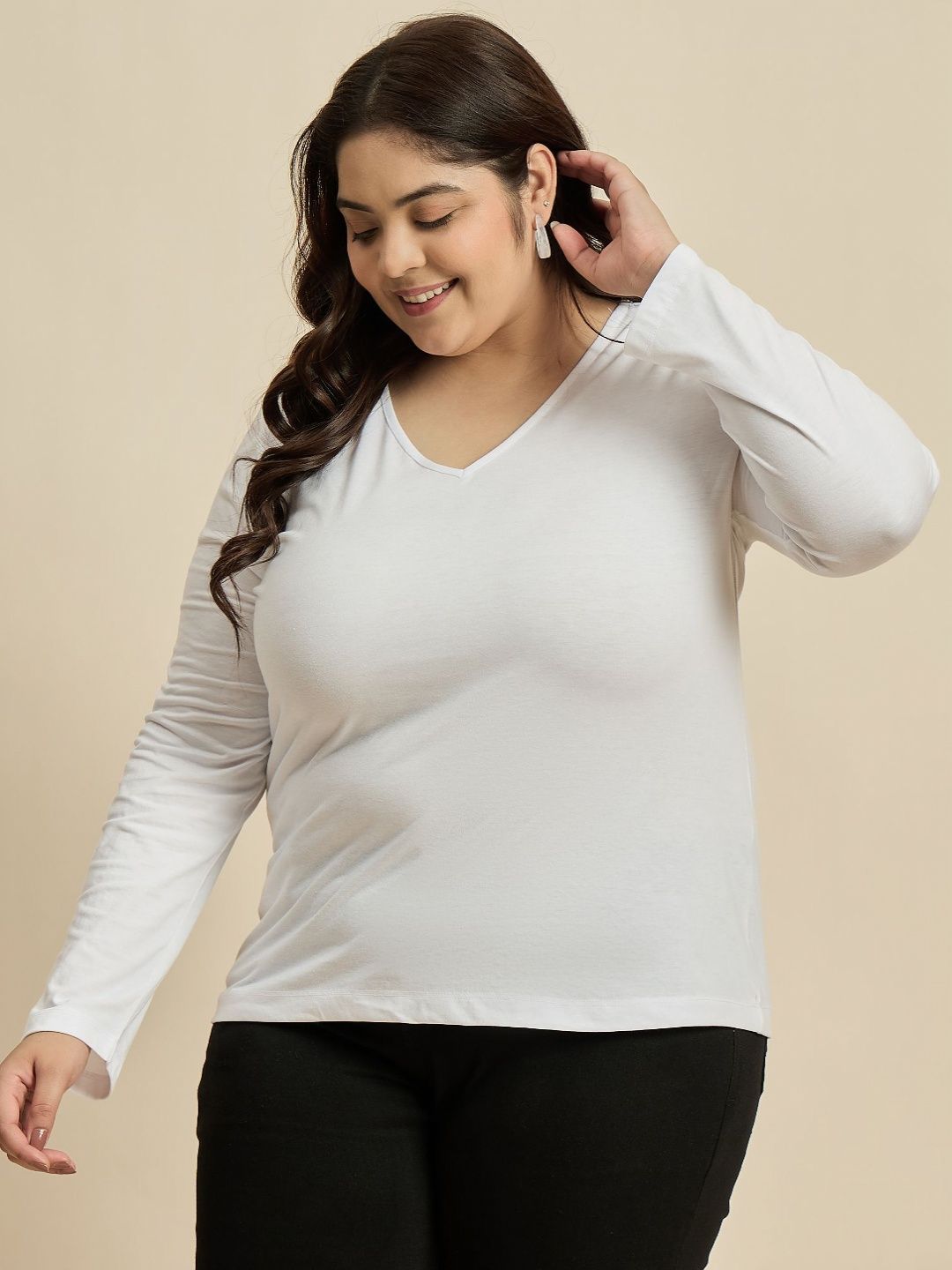 CURVY STREET Women Solid V-Neck Cotton Plus Size T-shirt