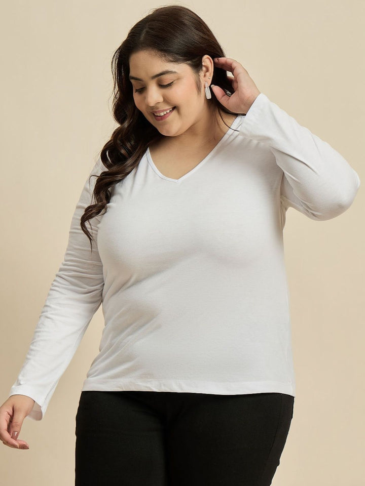 CURVY STREET Women Solid V-Neck Cotton Plus Size T-shirt