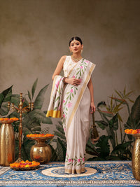 Silk Land Onam Special Floral Printed Kasavu Silk Saree