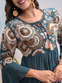 Vishudh Floral Embroidered Tie Up Neck Bell Sleeves Top With Trouser