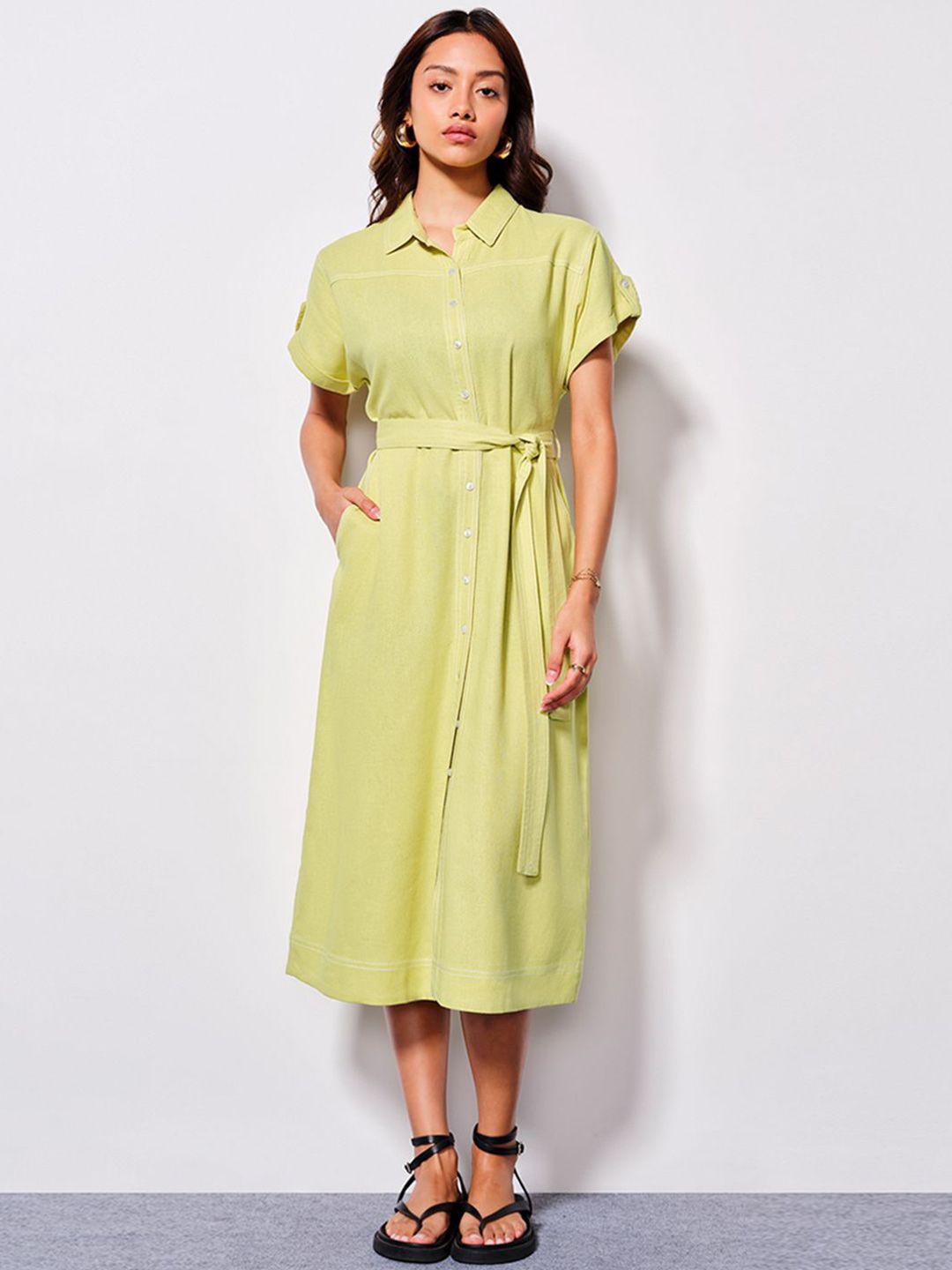 AND Women Shirt Collar Wrap Midi Dress