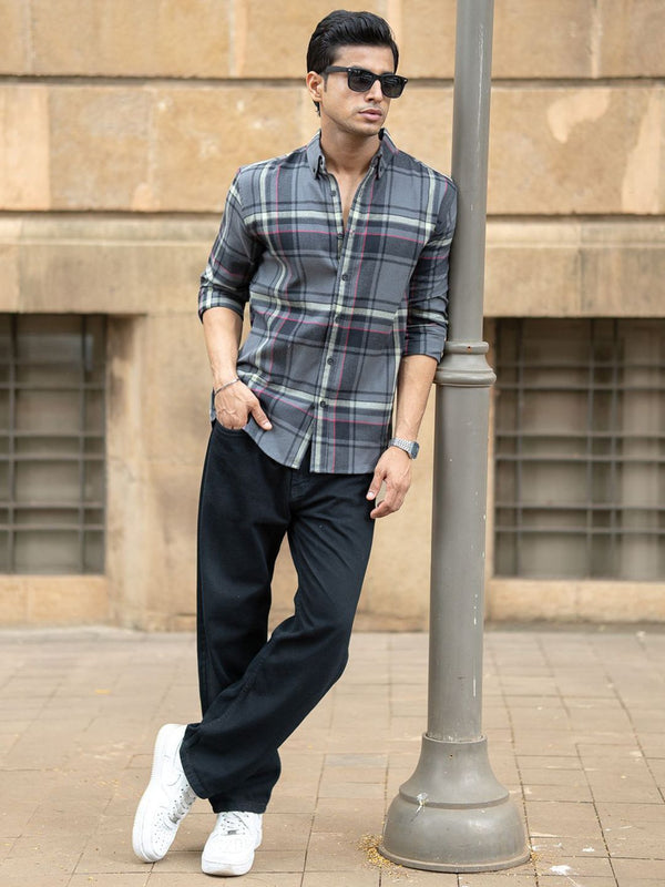 Powerlook Men Tartan Checked Spread Collar Cotton Casual Shirt