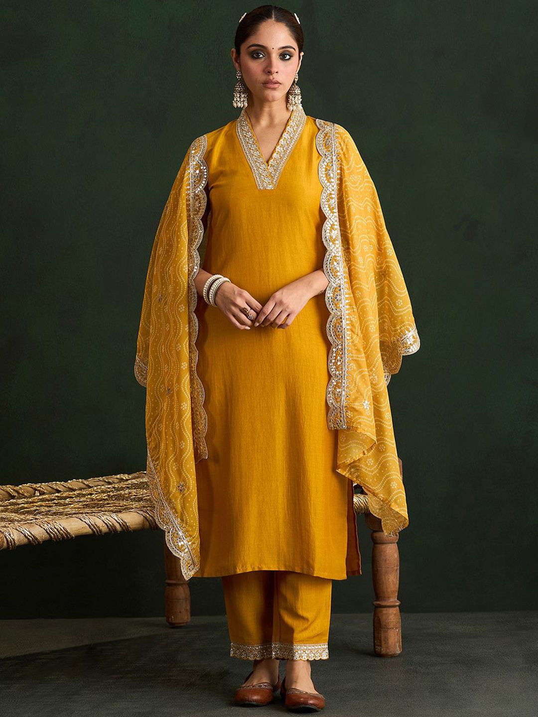 Indo Era Mustard Yellow Floral Embroidered V-Neck Straight Kurta with Trousers & Dupatta